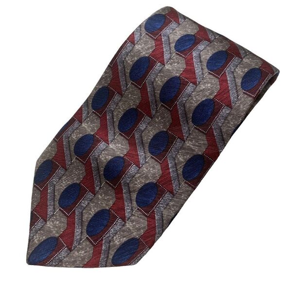 Innocenti for Tom James Tie Men's Necktie Silk Maroon Blue Geometric Made in USA - Picture 1 of 8